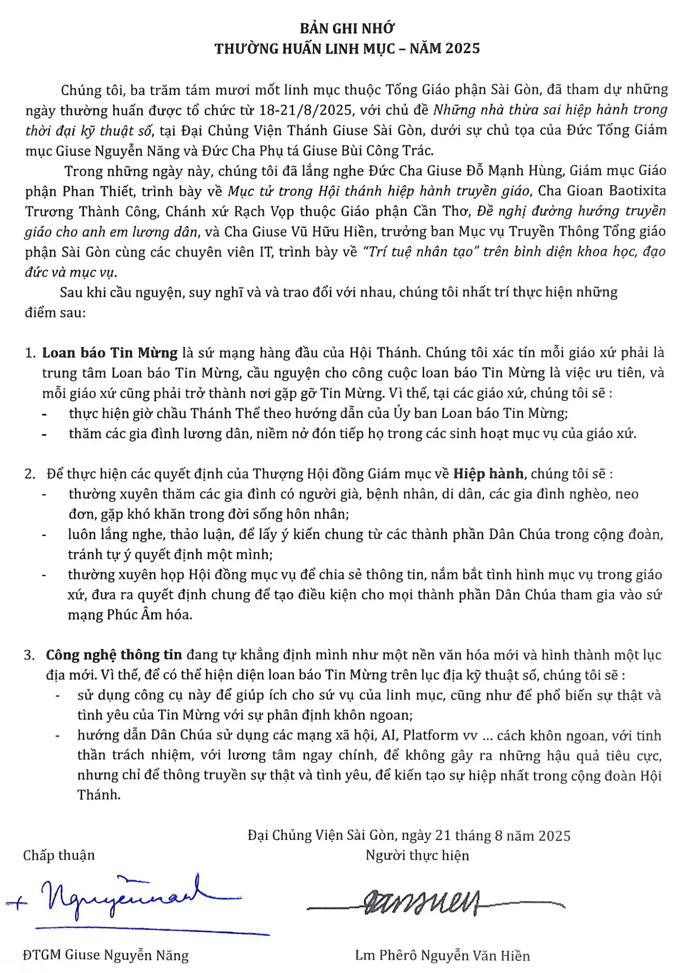 Bản Ghi Nhớ Thường Huấn Linh Mục năm 2025