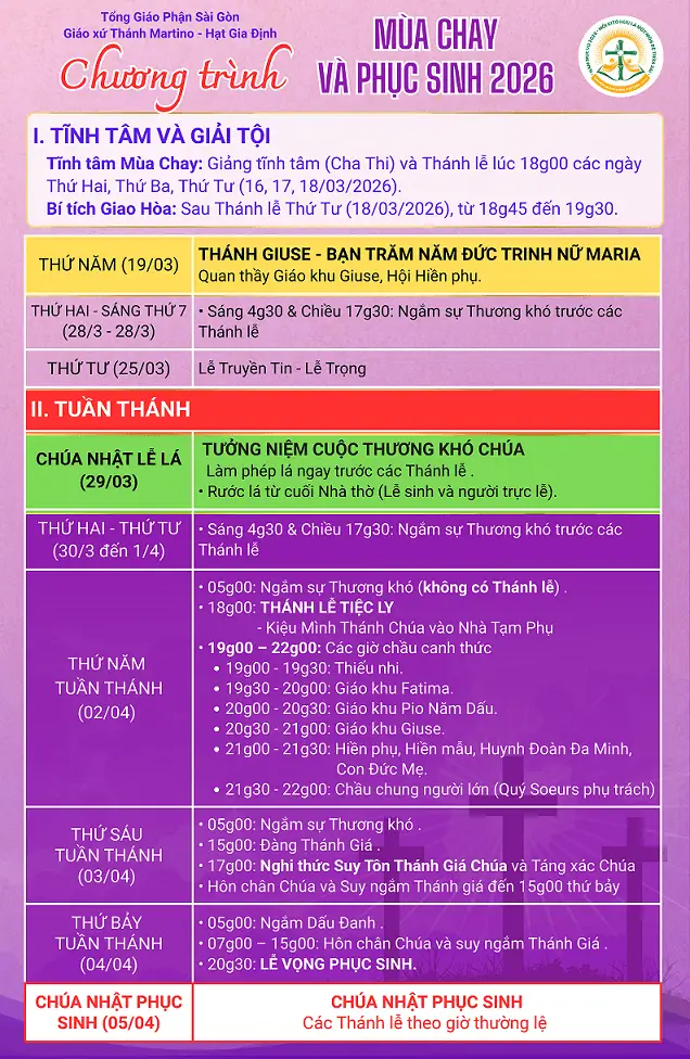 Lịch Tĩnh Tâm Mùa chay và Phục Sinh 2026 tại Giáo xứ Thánh Martino