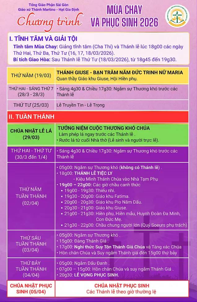 lịch phung vụ mùa chay và phục sinh 2026